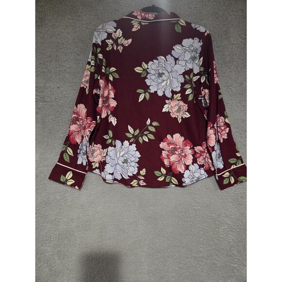 Liz Claiborne Cotton Pajama Set Womens M Burgundy Floral Button Front Warm LS - Picture 7 of 13
